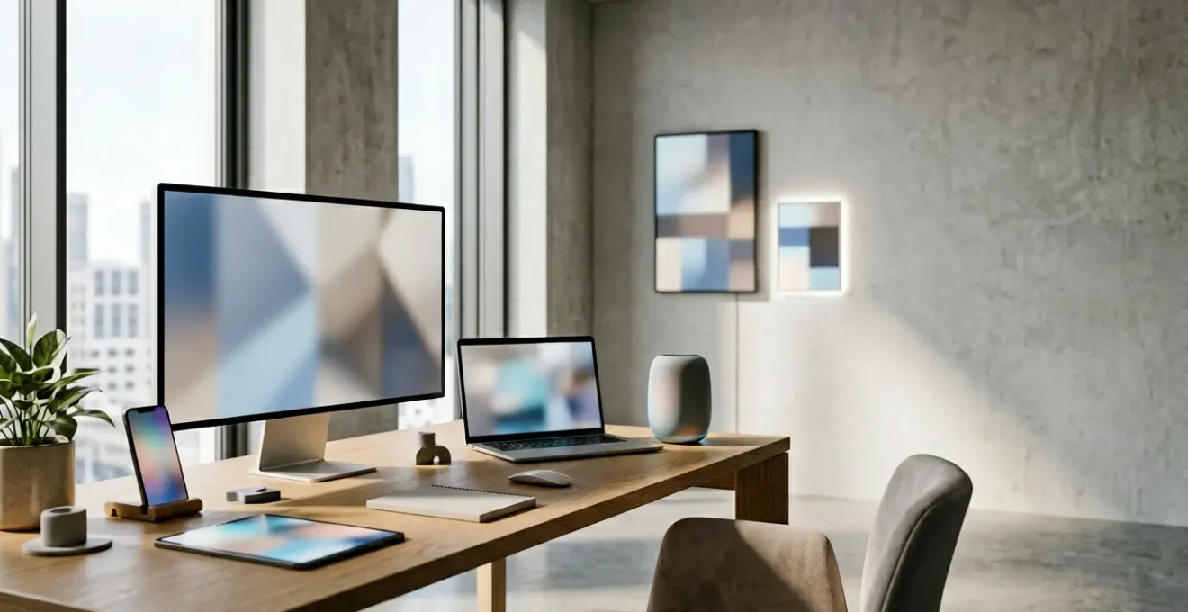 Digitale Werbeflächen auf verschiedenen Geräten zeigen Markenbotschaften im modernen Displaynetzwerk
