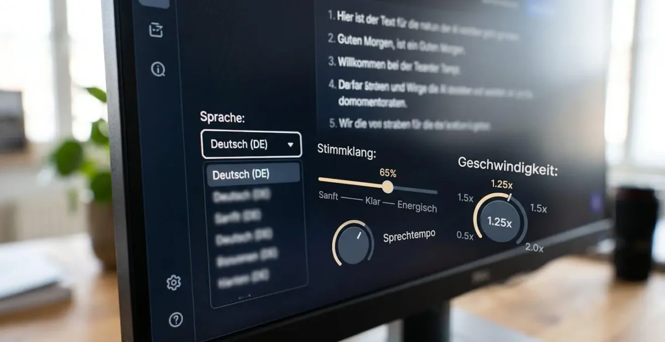 Nahaufnahme einer modernen Software-Oberfläche mit Reglern für Sprachauswahl, Tonalität und Geschwindigkeit, die Kontrollelemente sind scharf, der Hintergrund verschwommen