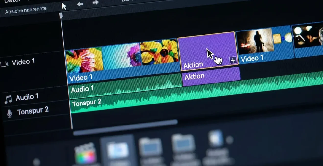 Nahaufnahme eines Computerbildschirms mit Video-Timeline-Interface und mehreren angeordneten Clips
