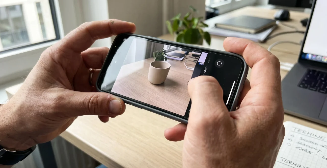 Extreme Nahaufnahme von Händen, die ein Smartphone horizontal halten und eine Produktpräsentation auf einem sauberen Schreibtisch filmen