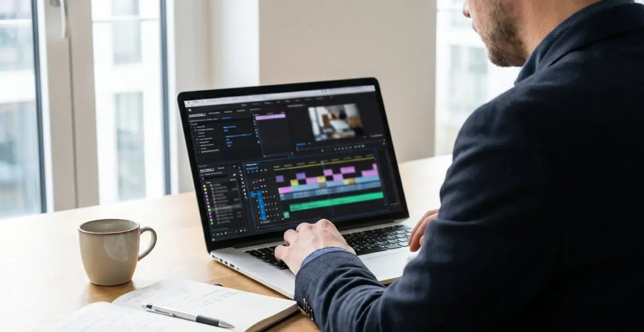Ein Marketing-Manager arbeitet an einem modernen Laptop und bearbeitet eine Video-Timeline in hellem Büro