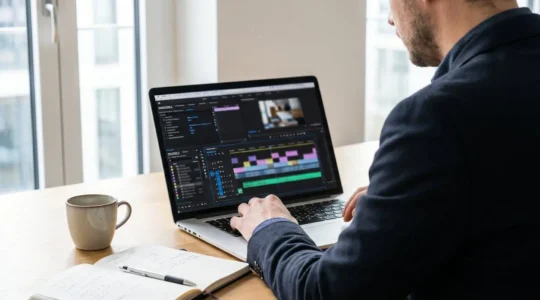 Ein Marketing-Manager arbeitet an einem modernen Laptop und bearbeitet eine Video-Timeline in hellem Büro