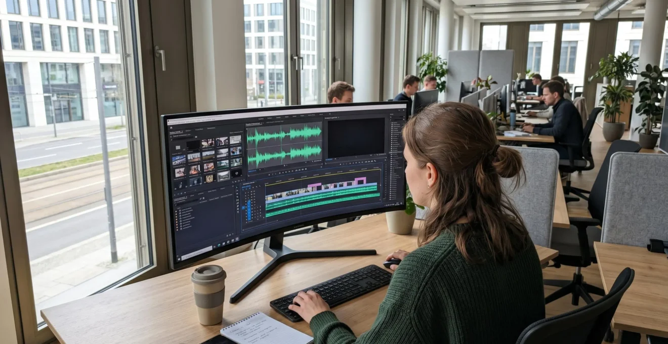 Eine Marketingverantwortliche arbeitet an einem großen Monitor mit sichtbaren Audio-Wellenformen einer Voice-over-Bearbeitung in einem hellen, modernen Büro