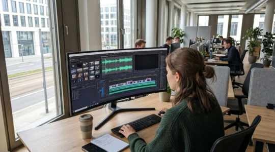 Eine Marketingverantwortliche arbeitet an einem großen Monitor mit sichtbaren Audio-Wellenformen einer Voice-over-Bearbeitung in einem hellen, modernen Büro