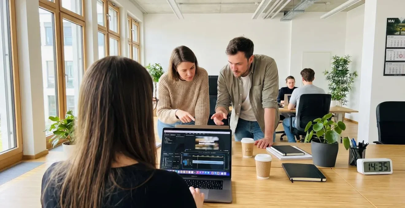 Zwei Marketing-Mitarbeiter arbeiten gemeinsam an einem Laptop in einem modernen Büro und betrachten eine Videobearbeitungs-Oberfläche
