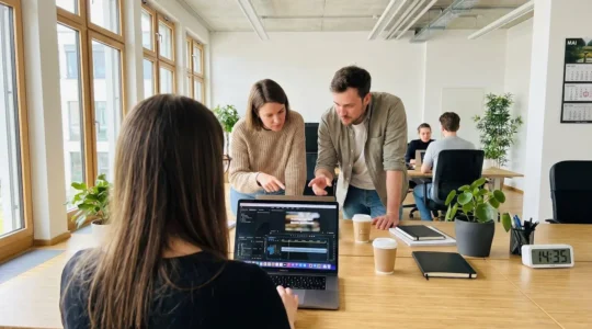 Zwei Marketing-Mitarbeiter arbeiten gemeinsam an einem Laptop in einem modernen Büro und betrachten eine Videobearbeitungs-Oberfläche