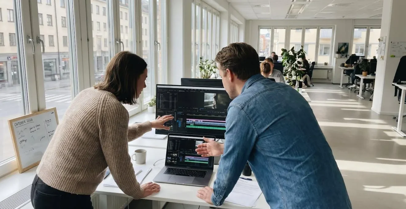 Zwei Marketing-Profis arbeiten gemeinsam an einem Laptop in einem hellen modernen Büro, eine Person zeigt auf den Bildschirm mit einer Video-Timeline