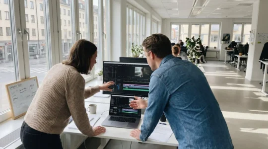 Zwei Marketing-Profis arbeiten gemeinsam an einem Laptop in einem hellen modernen Büro, eine Person zeigt auf den Bildschirm mit einer Video-Timeline