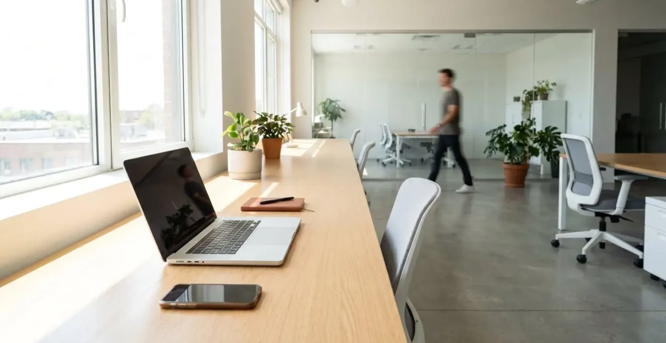 Moderner minimalistischer Schreibtisch mit aufgeklapptem Laptop, Smartphone und Notizbuch bei natürlichem Tageslicht