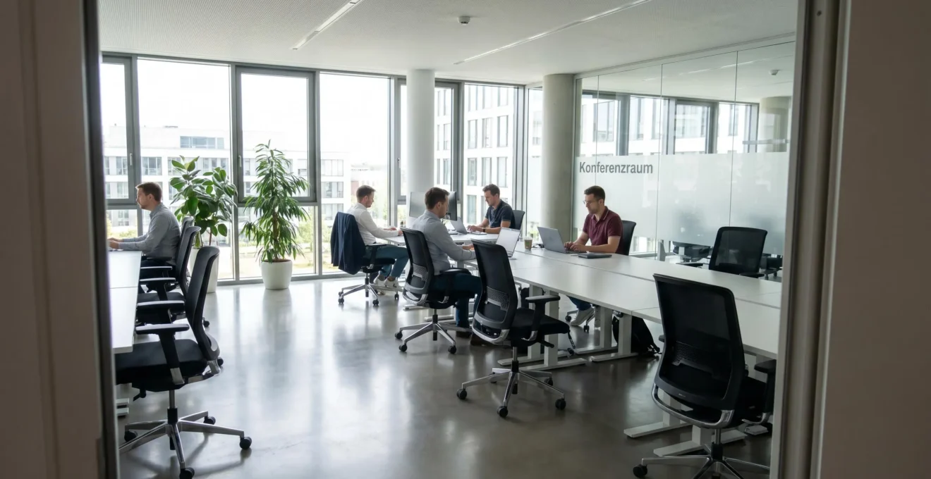 Helles modernes Büro mit mehreren Arbeitsplätzen, grossen Fenstern und zeitgenössischem Interieur, Weitwinkelaufnahme